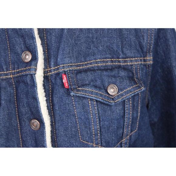 Levi’s Type III Sherpa Lined Trucker Jacket Woman’s Medium Blue Denim Snap Close - Picture 2 of 10